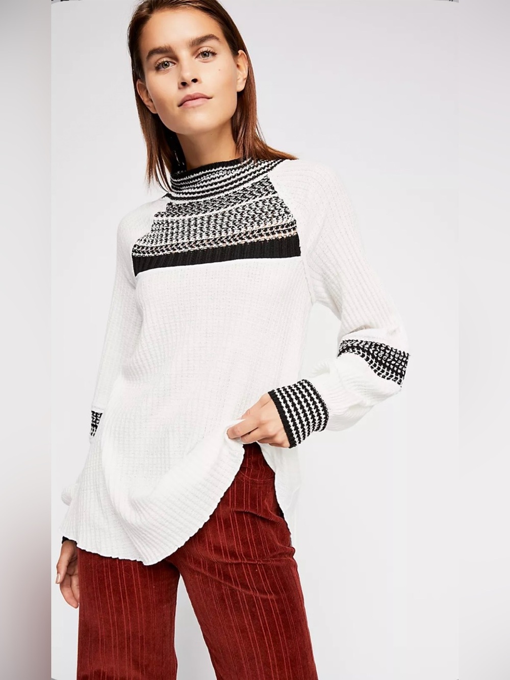 Free People snow day thermal top medium tunic white oversized turtleneck sweater